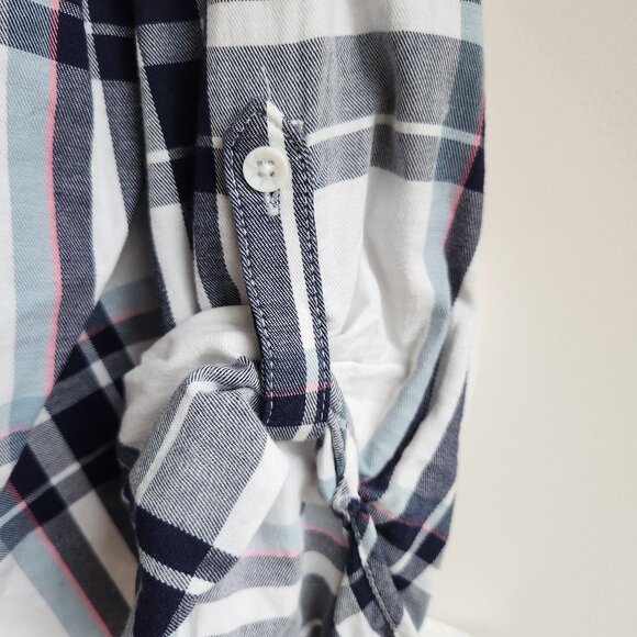 Reitmans XL White Blue Pink Plaid Button-Up Top Adjustable Sleeves - Picture 3 of 3